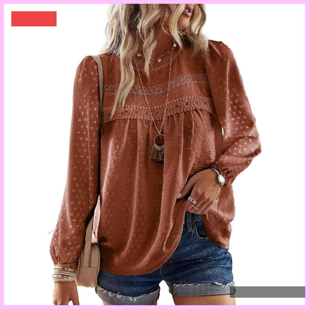 Chiffon Crewneck Long Sleeve Tunic with Lace Hem, Flowy Boho Blouse